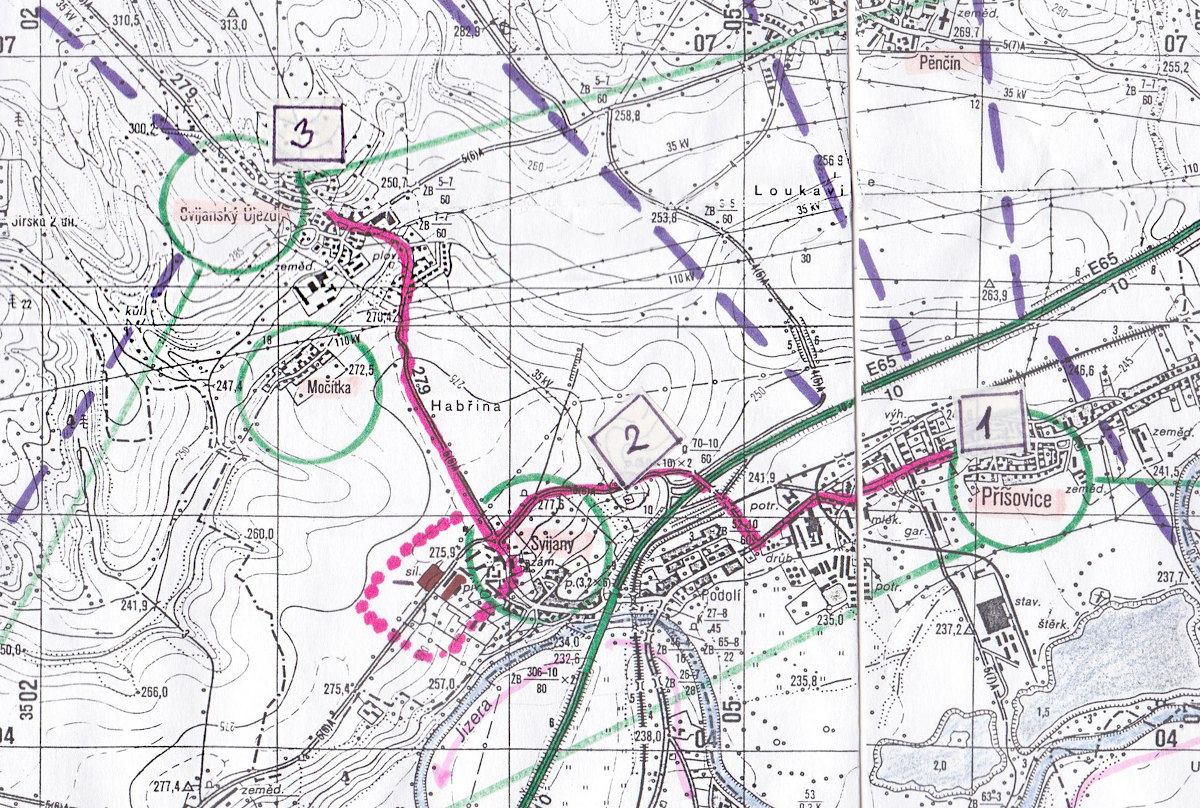 Mapa s vyznačenou cestou z Příšovic do Svijan a do Svijanského Újezdu, kde byla Ivana Košková naposledy spatřena. Zdroj Audionaut